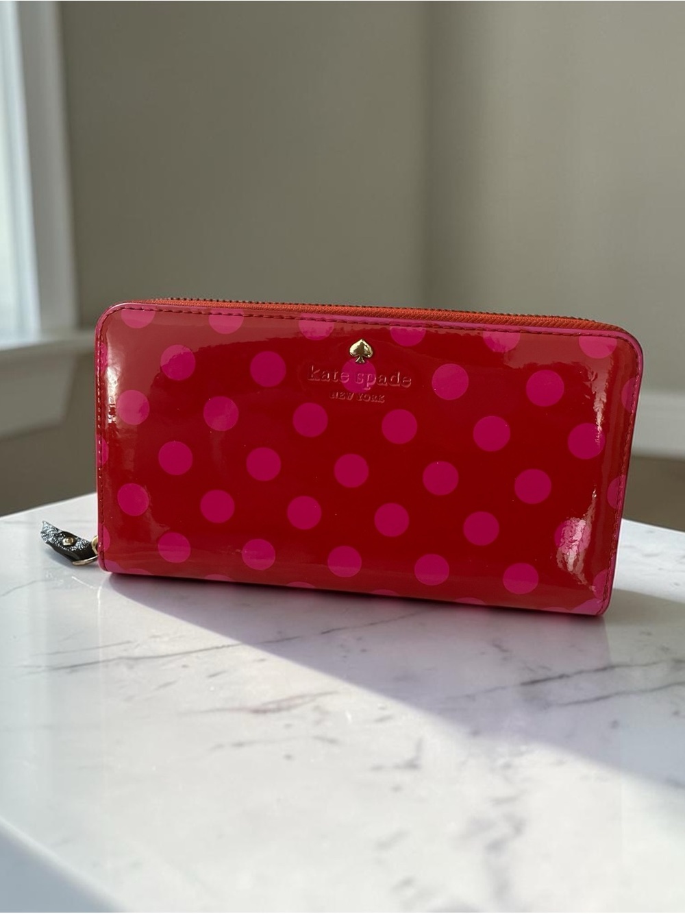 Kate Spade Carlisle Street Lacey Zip-Around Wallet in Red with Pink Polka Dots.